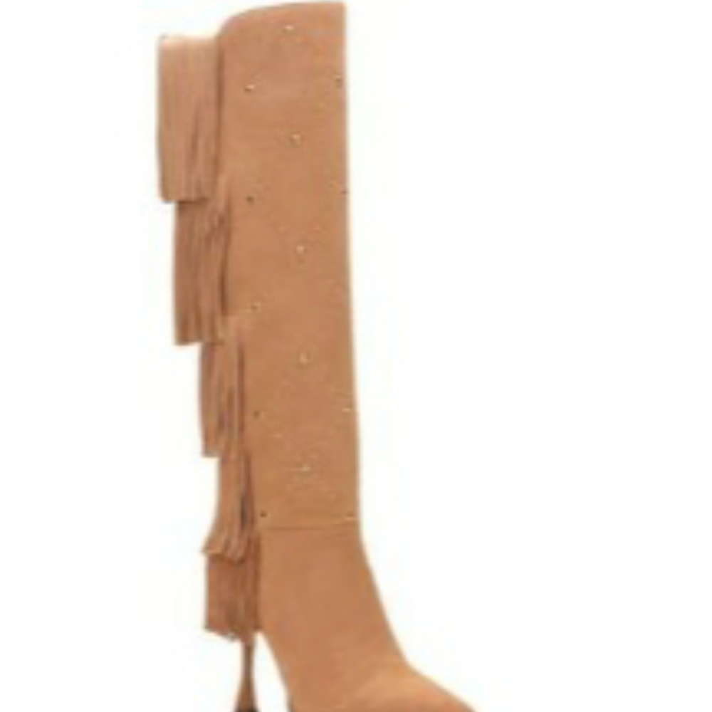 Tan Fringe Knee-High Boots. New.